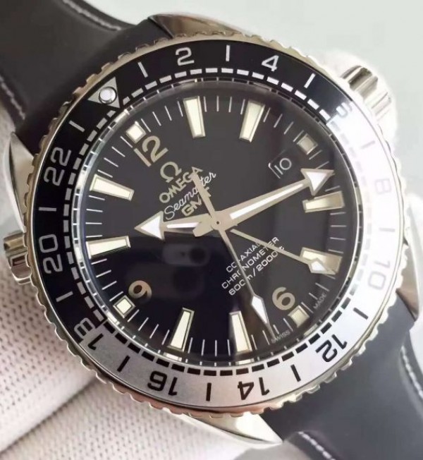 Replica Omega Planet Ocean 600M GMT Black/Silver Bezel Black Dial Rubber Strap A8906
