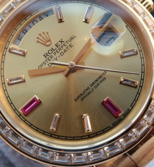 Replica Rolex Day-Date II RG Gold Dial Diamonds Bezel White/Red Crystal Markers RG Bracelet A3255