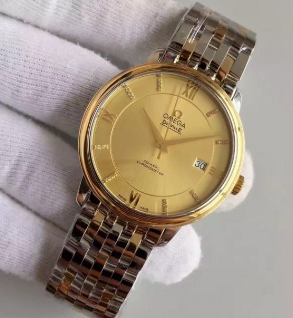 Replica Omega MK De Ville 39.5mm Yellow Dial Diamonds Markers RG Bezel SS/RG Bracelet A2824