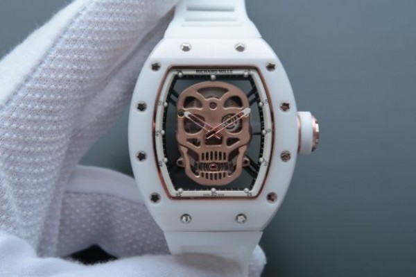 Replica Richard Mille RM052 White Ceramic Gold Skull Dial White Rubber Strap MIYOTA8215