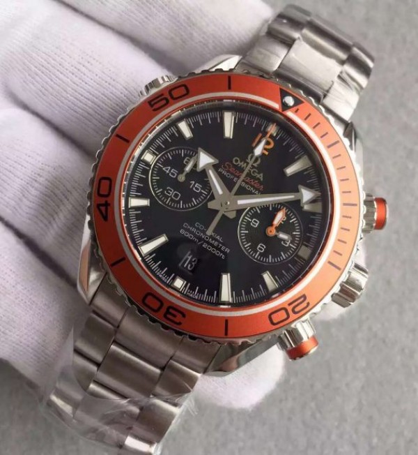 Replica Omega Planet Ocean 45mm Chrono Orange Bezel Black Dial SS Bracelet A7750