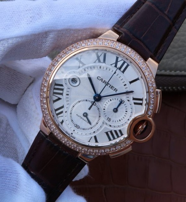Replica Cartier Ballon Bleu De Cartier Chrono RG White Dial Diamonds Bezel A8101