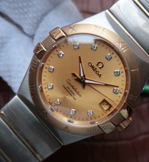 Replica Omega V6 Constellation 35mm Yellow Dial YG Bezel Diamonds Markers SS Bracelet A2500