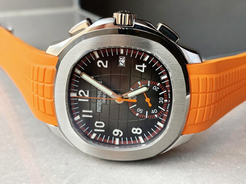 Replica PATEK PHILIPPE Aquanaut 5168G 42mm SS ZF 1:1 Best Edition Black Dial on Orange Rubber Strap