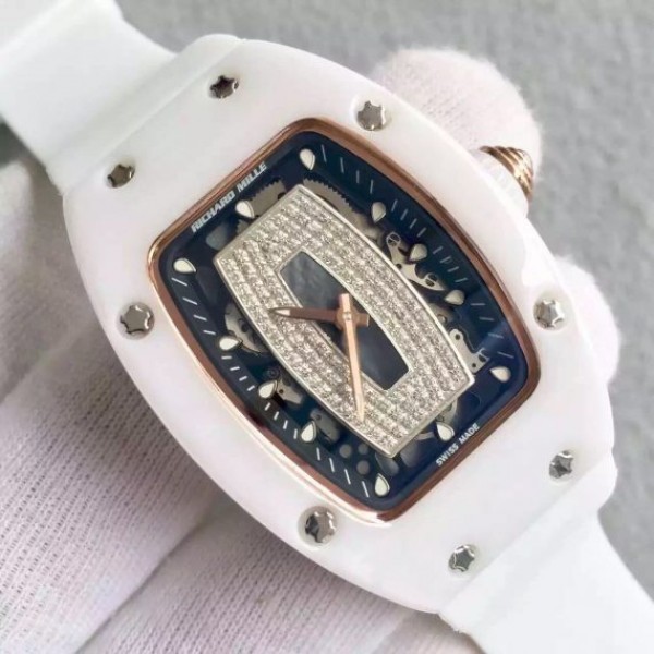 Replica Richard Mille RM007-01 Lady SS Diamonds Black Dial RG White Rubber Strap 6T51