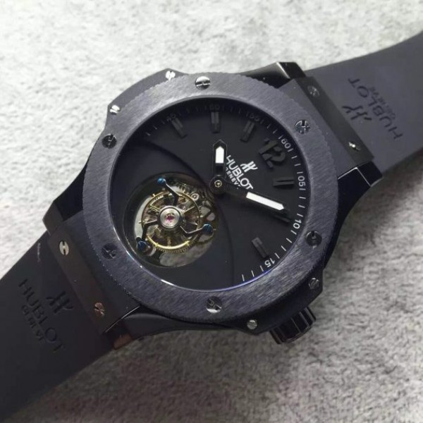 Replica Hublot Big Bang Tourbillon Ceramic Case Black Dial Rubber Strap