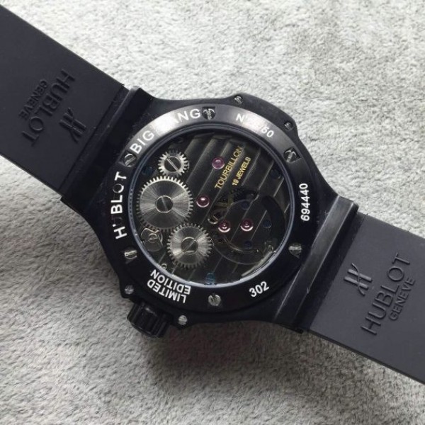 Replica Hublot Big Bang Tourbillon Ceramic Case Black Dial Rubber Strap