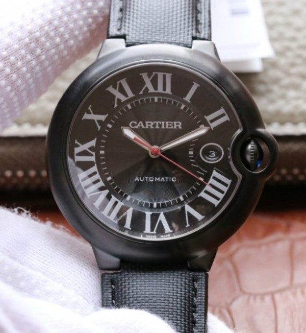 Replica Cartier V6F Ballon Bleu 42mm DLC All Black Black Textured Dial Leather Strap A1847