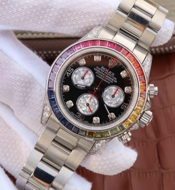 Replica Rolex Daytona 116599 Colorful Crystal Bezel Black Dial SS Bracelet A7750