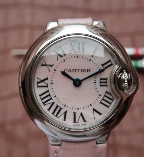 Replica Cartier Ballon Bleu Ladies 28MM White Dial Pink Leather Strap Ronda Quartz