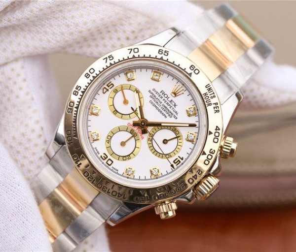 Replica Rolex Daytona 116523 Thick YG Wrapped White Dial Diamonds Markers Bracelet A7750