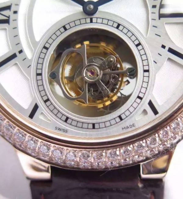 Replica Cartier Ballon Bleu Tourbillon RG Diamond Bezel Brown Leather Strap
