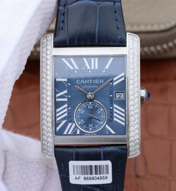 Replica Cartier Tank MC SS Blue Textured Dial Diamonds Bezel Leather Strap