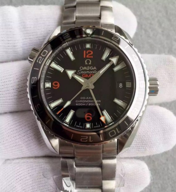 Replica Omega Planet Ocean SS GMT Black Dial Orange Markers SS Bracelet A8605