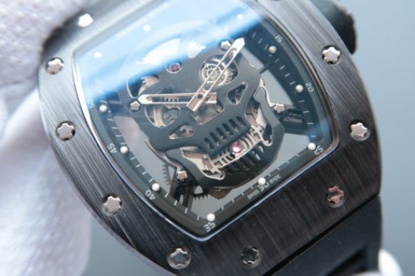 Replica Richard Mille RM 052 Skull Watch Black Ceramic Skeleton Dial Black Rubber Strap MIYOTA8215