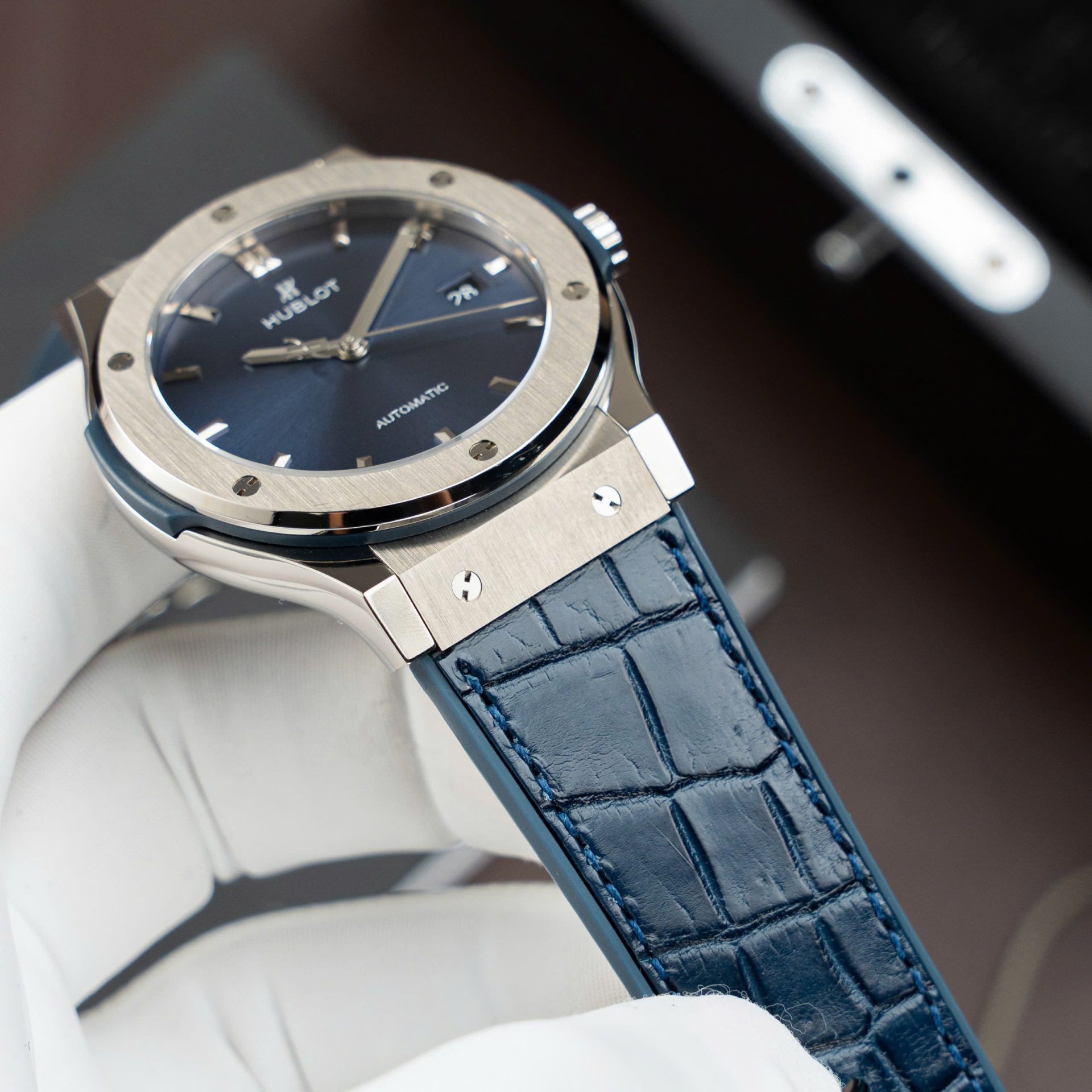 Hublot Classic Fusion Titanium Blue Replica Watches Movement SW300 Crocodile Leather Strap 42mm