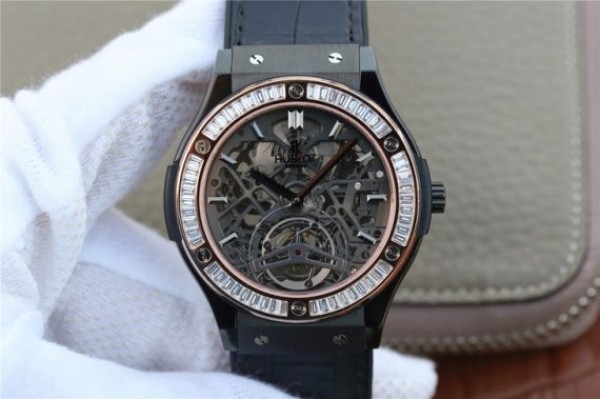 Replica Hublot Classic Fusion Tourbillon 42mm TF PVD Diamonds Bezel Skeleton Dial Gummy Strap A23J