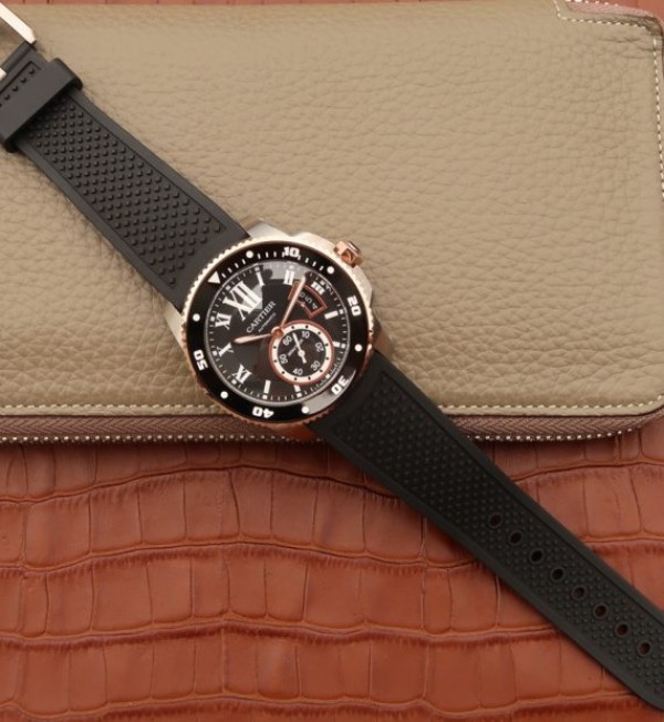 Replica Cartier JJF Calibre De Cartier Diver SS Black Dial RG Bezel Black Rubber Strap A23J