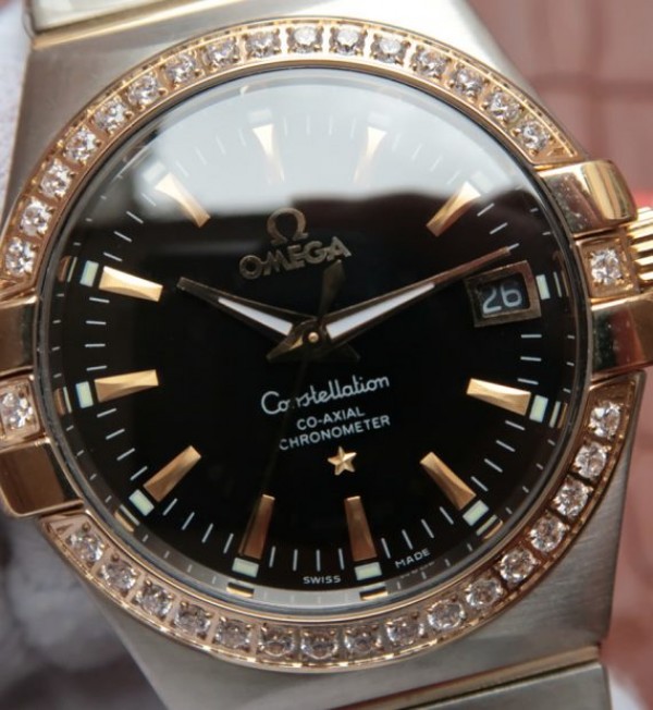 Replica Omega V6 Constellation 35mm Diamonds Bezel Black Dial SS Bracelet A2500