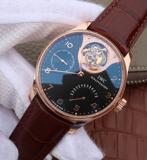 Replica IWC AZ Portuguese Tourbillon IW5042 RG Black Dial Leather Strap