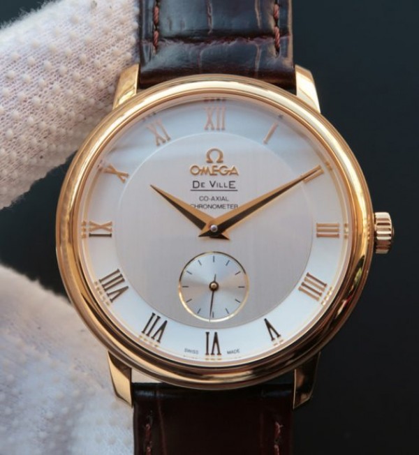 Replica Omega MKF De Ville 39mm RG Co-Axial White Dial Brown Leather A2202