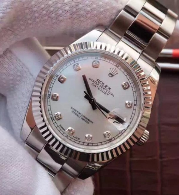 Replica Rolex DateJust 41mm 126334 Fluted Bezel White Dial Diamonds Markers SS Jubilee Bracelet A3235