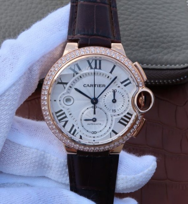 Replica Cartier Ballon Bleu De Cartier Chrono RG White Dial Diamonds Bezel A8101