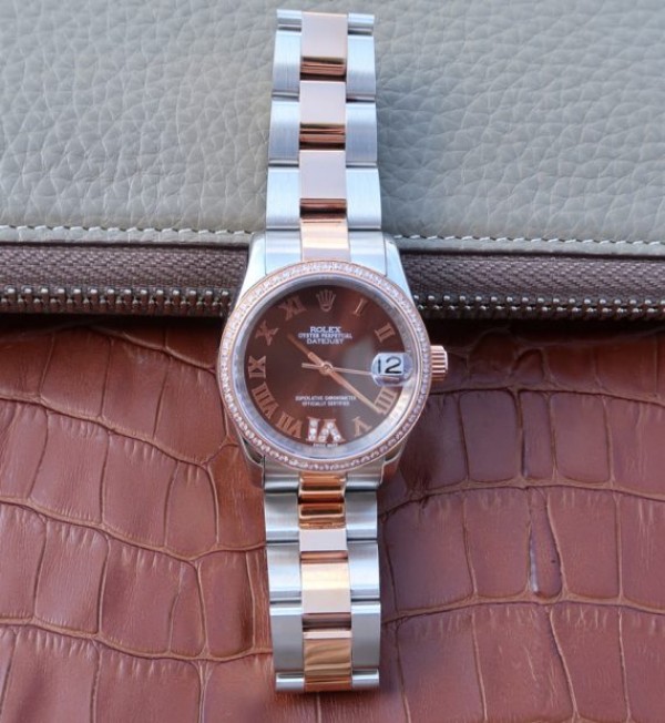 Replica Rolex DateJust 31mm 178383 Diamonds Bezel Roman Markers Brown Dial A2235
