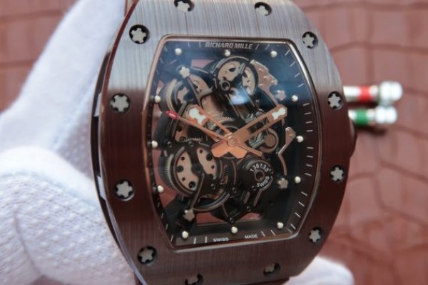 Replica Richard Mille RM055 Brown Ceramic Brown Inner Bezel Skeleton Dial Brown Rubber Strap MIYOTA8215