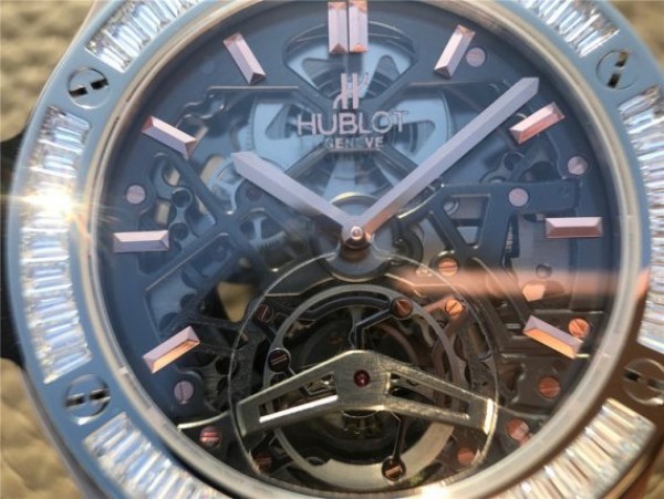 Replica Hublot Classic Fusion Tourbillon 42mm TF RG Skeleton Dial Black Gummy Strap A23J