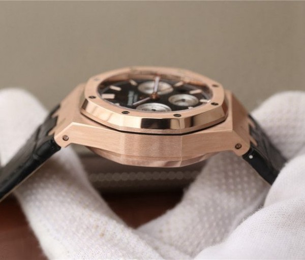 Replica Audemars Piguet Royal Oak Chronograph 26331 RG Black Dial Leather Strap A7750