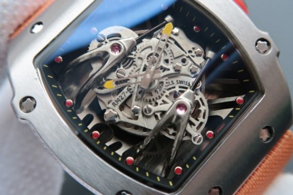 Replica Richard Mille RM027 SS Skeleton Dial Black Inner Bezel Orange Nylon Strap 6T51