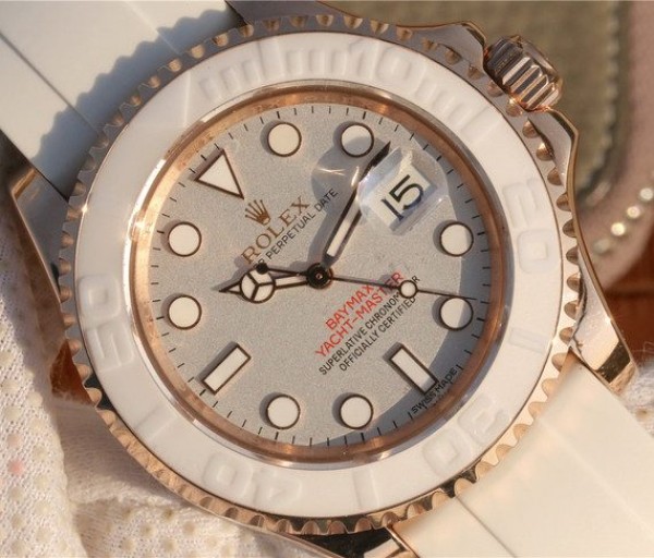 Replica Rolex Yacht-Master 116655 RG White Dial White Ceramic Rubber Strap A2824
