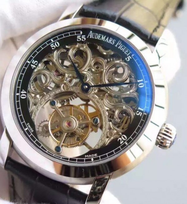 Replica Audemars Piguet Jules Audemars Skeleton Tourbillon SS Black Dial Leather Strap