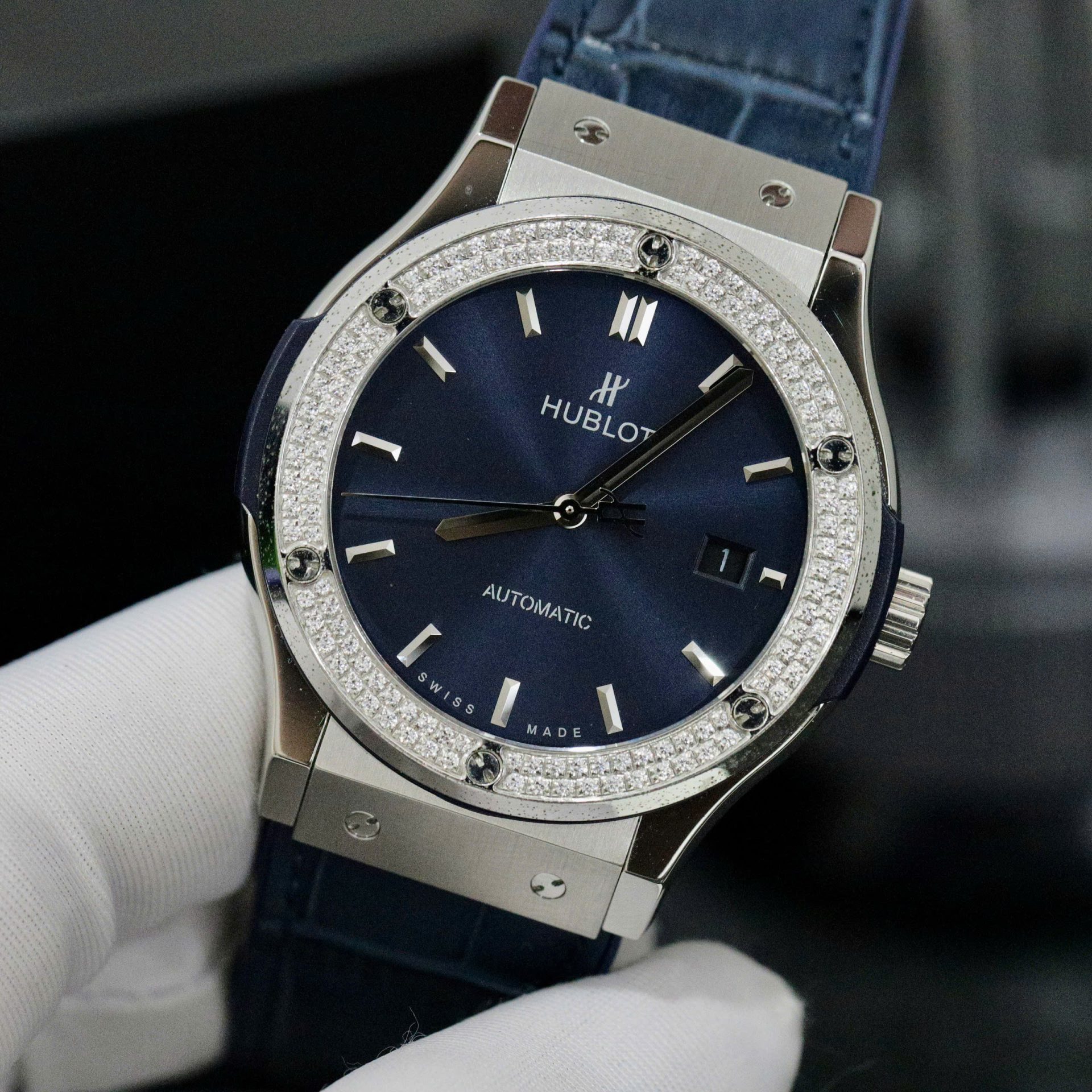 Hublot Classic Fusion Titanium Bezel Diamonds Blue Color Replica Watch HB Factory 42mm