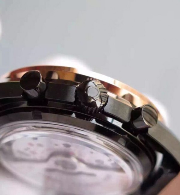 Replica Omega Speedmaster Moonwatch Co-Axial Chronograph Sedna Black Leather A9300