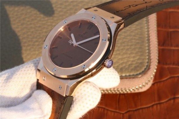 Replica Hublot Classic Fusion 45mm RG Berluti Scritto Brown Leather Dial Gummy Strap A2892