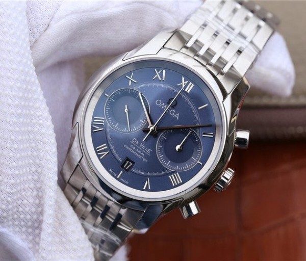 Replica Omega OMF De Ville Chronograph 42mm Blue Dial SS Bracelet A9300