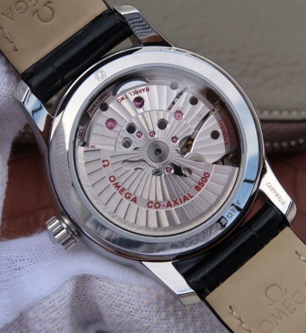 Replica Omega V6 De Ville 41mm SS White Dial Black Leather Strap A8500