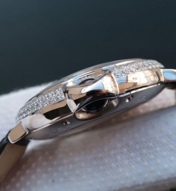 Replica Cartier Ballon Bleu de Cartier Tourbillon SS Paved Diamonds Black Leather Strap