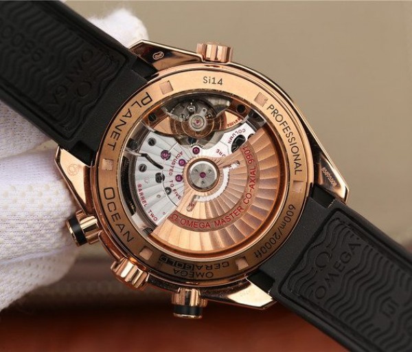 Replica Omega OMF Planet Ocean Master Chronometer RG Black Polished Bezel Black Dial Leather A9901