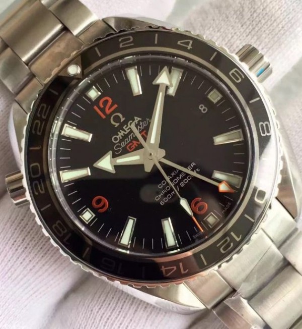 Replica Omega Planet Ocean SS GMT Black Dial Orange Markers SS Bracelet A8605