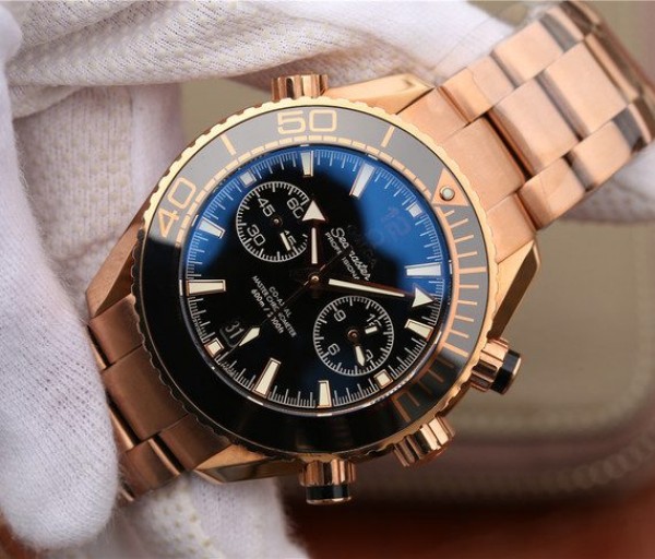 Replica Omega OMF Planet Ocean Master Chronometer RG Black Bezel Black Dial RG Bracelet A9901