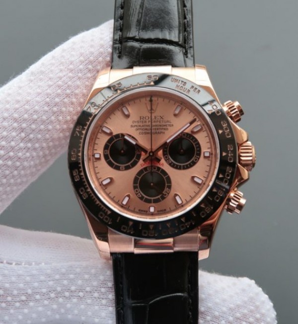Replica Rolex Daytona 116515 N RG/Black Dial Black Leather Strap A7750