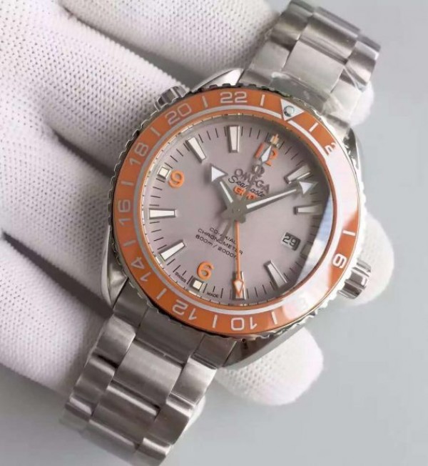Replica Omega Planet Ocean SS GMT Gray Dial Orange Bezel SS Bracelet A8605
