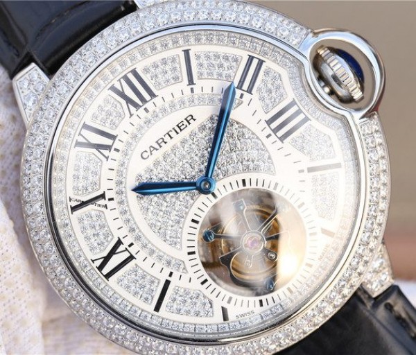 Replica Cartier Ballon Bleu de Cartier Tourbillon SS Full paved Diamonds Leather Strap
