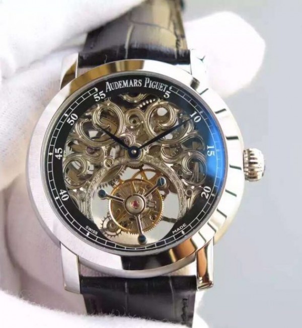 Replica Audemars Piguet Jules Audemars Skeleton Tourbillon SS Black Dial Leather Strap