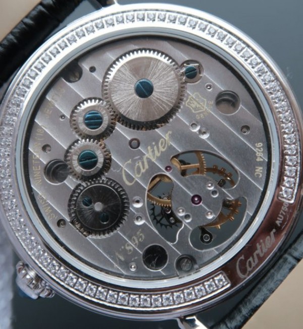 Replica Cartier Tourbillon SS Diamonds Dial Bezel Leather Strap