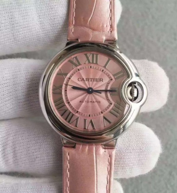 Replica Cartier V6F Ballon Bleu 33mm Pink Dial Pink Leather Strap SEIKO NH05A