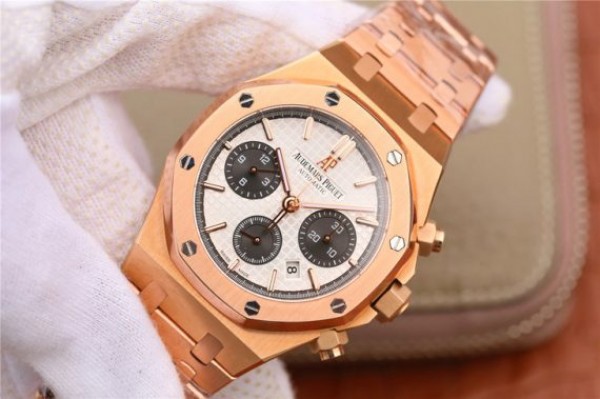 Replica Audemars Piguet Royal Oak Chronograph RG JHF White/Black Dial RG Bracelet A7750